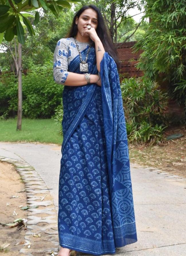 Cotton Blue Daily Wear Printed Saree